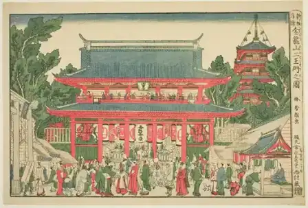 A Perspective View: The Two Deva Kings Gate of Kinryuzan Temple (Ukie: Kinryuzan niomon no zu) — Color woodblock print