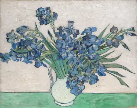 Van Gogh’s painting Irises, with blue-purple flowers in a pale vase on a green tabletop