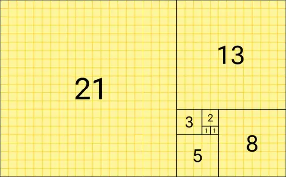 A square tiling labeled with successive Fibonacci numbers.
