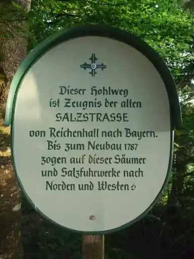 Sign marking a historic salt road near Teisendorf in Bavaria, Germany.