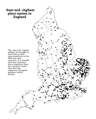 A map of English place names ending in -ham and -ingham.