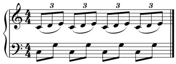 Musical notation showing simultaneous contrasting rhythms.