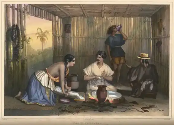 An historic illustration of Mexican women making tortillas.