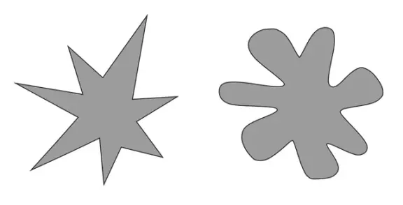 The rounded and angular shapes used to illustrate the bouba/kiki effect.