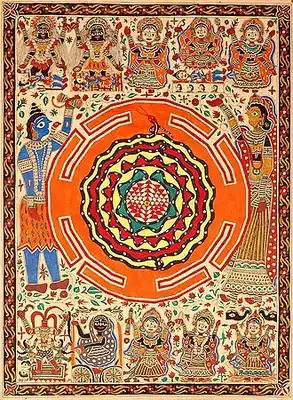 Madhubani art: Mithila Painting with the Ten Mahavidyas,Siva and Sakti, with Serpent Coiled Shri Yantra painted in Nepal