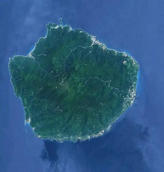 Satellite view of the mountainous, forested island of Yakushima, Japan.