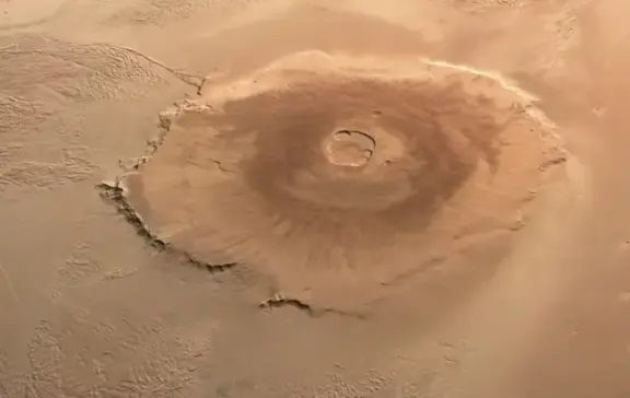 An orbital view of Olympus Mons, the vast shield volcano on Mars.