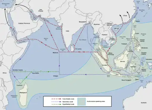 Map showing Austronesian maritime trade routes across the Indian Ocean.