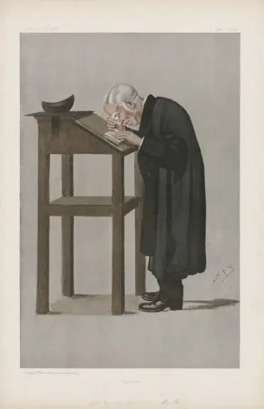 An 1898 caricature of William Archibald Spooner at a lectern.