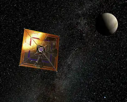 An illustration of the IKAROS spacecraft with its solar sail deployed.