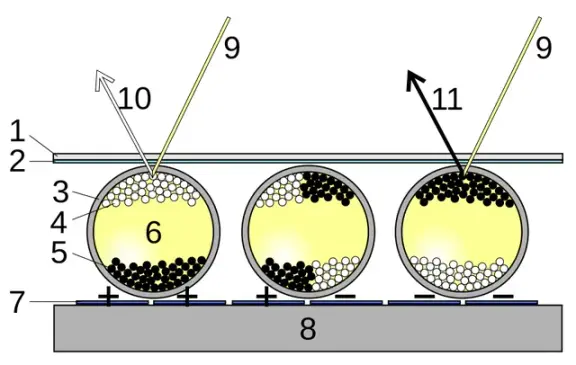 Diagram of charged pigment particles in an electrophoretic display.