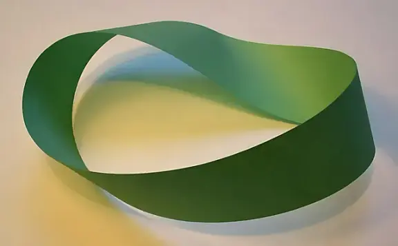 A green paper Möbius strip with a single twist.