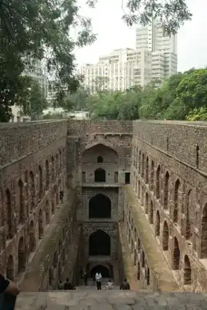 Descending stone steps at Agrasen ki Baoli, a stepwell in New Delhi.