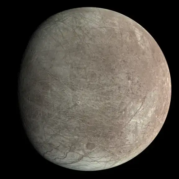 Juno's view of the cracked, icy surface of Europa.
