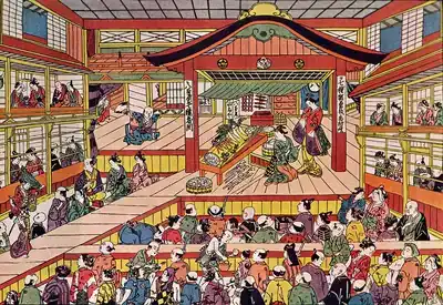 Ukiyo-e: Shibai Ukie by Masanobu Okumura, depicting the Kabuki theater Ichimura-za in its early days.