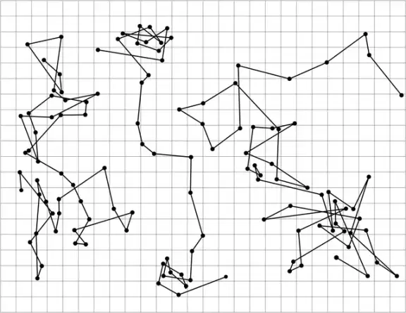 Three traced paths of particles undergoing Brownian motion.