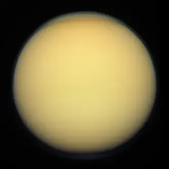 Saturn's moon Titan shown in natural color.