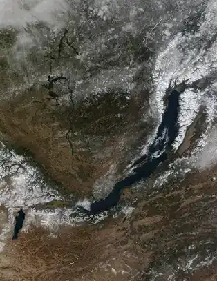 NASA satellite image of Lake Baikal and the surrounding landscape.