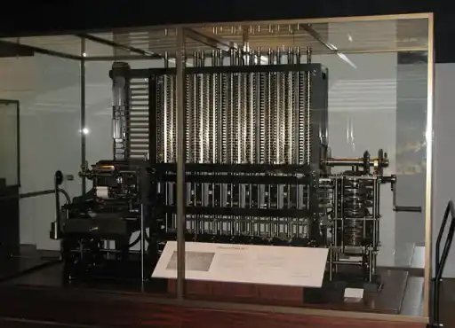 Charles Babbage's Difference Engine with its columns of mechanical gears.