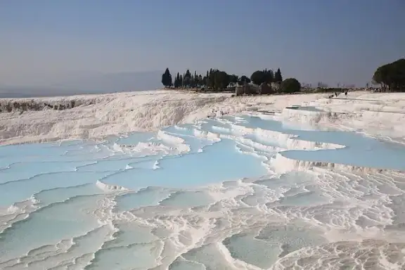 White travertine terraces and pools at Pamukkale, Turkey.