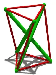 A tensegrity structure of three rigid bars suspended by tension cables.